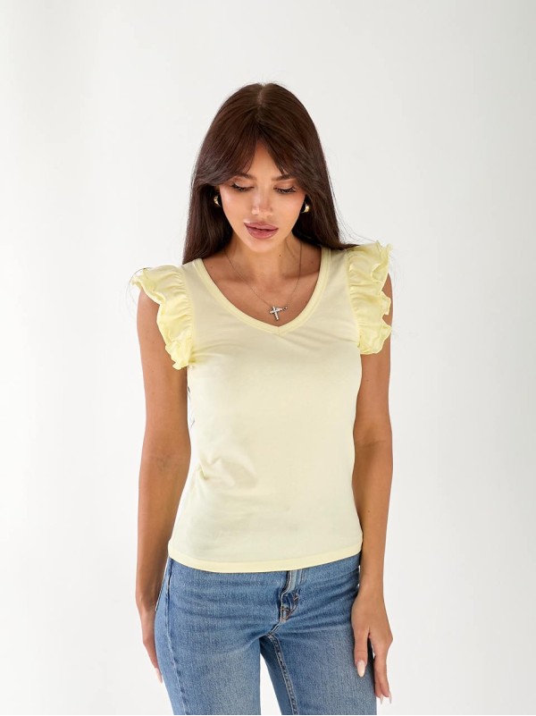 Женская хлопковая футболка с рюшами желтого цвета