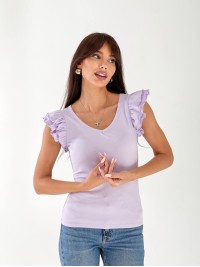 Женская хлопковая футболка с рюшами лилового цвета