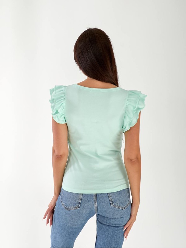 Женская хлопковая футболка с рюшами мятного цвета