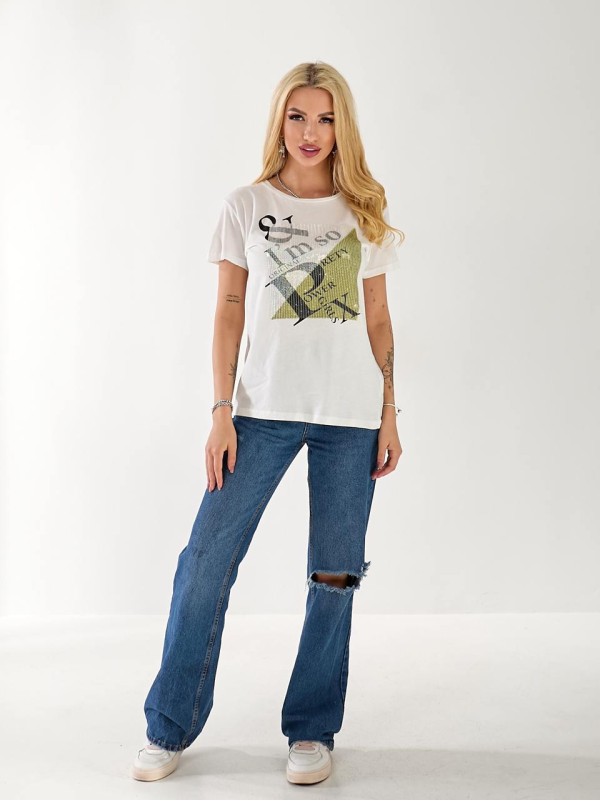 Жіноча бавовняна футболка з паєтками білого кольору