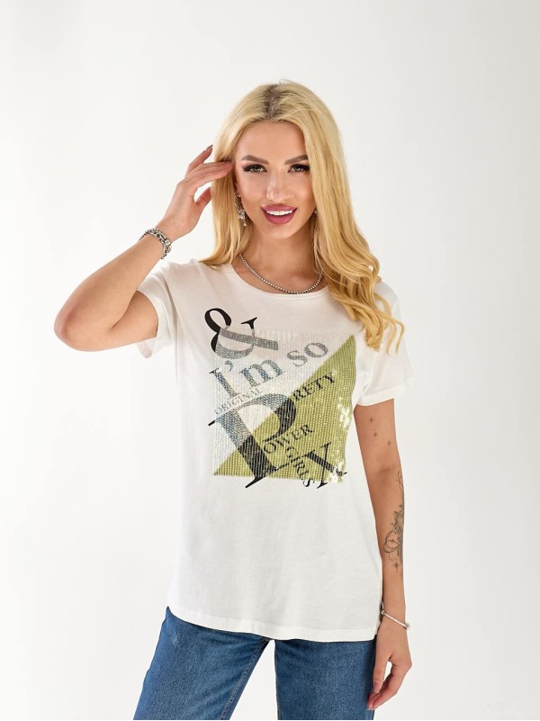 Жіноча бавовняна футболка з паєтками білого кольору